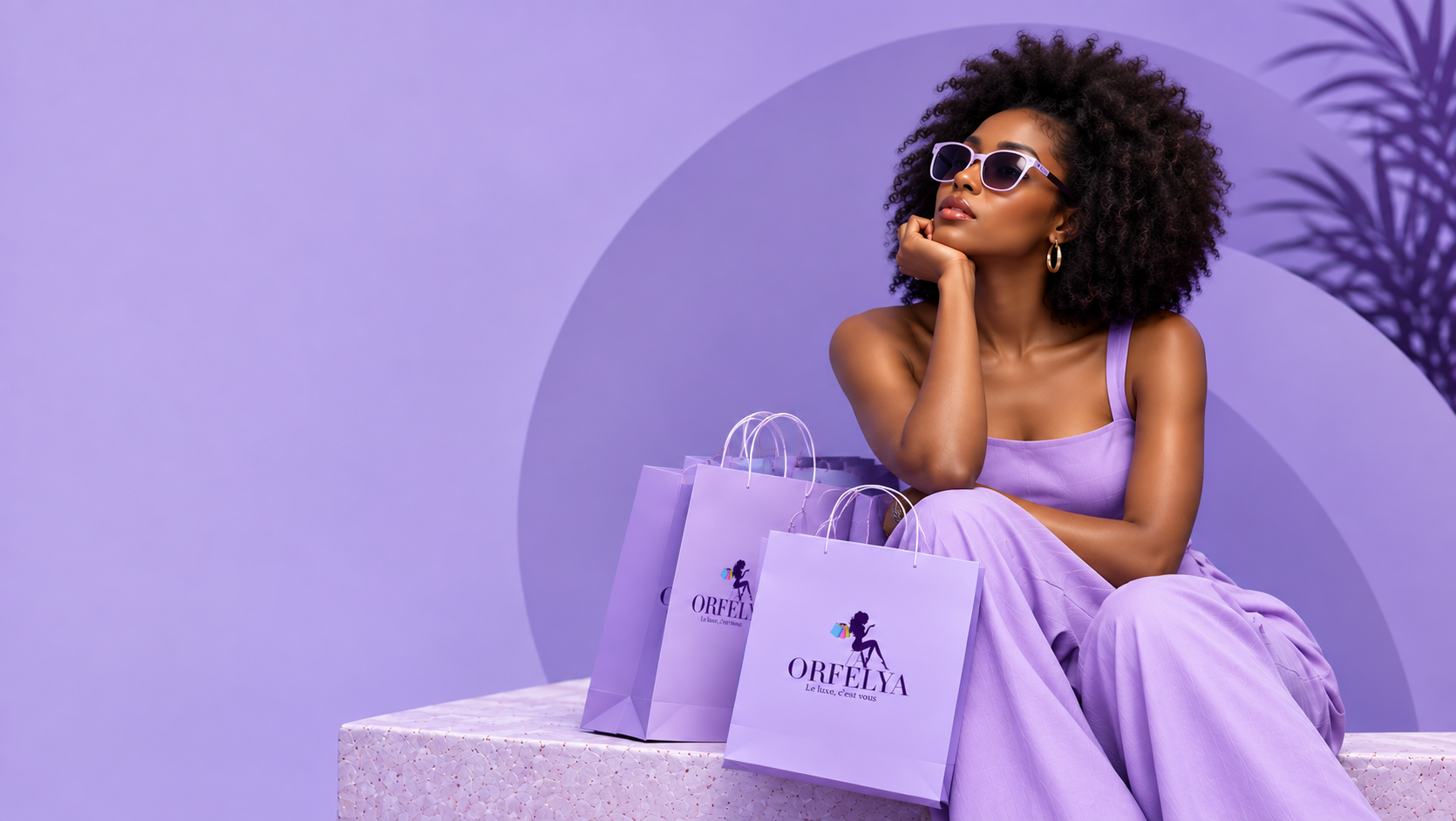 Femme élégante avec les sacs ORFELYA sur fond lavande